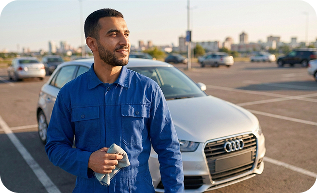 Prestataire Washzone devant un véhicule