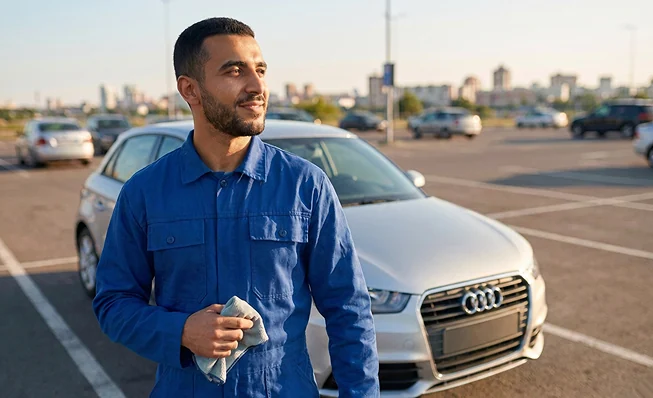 Prestataire Washzone devant un véhicule
